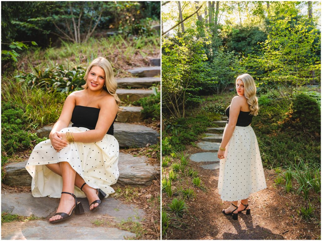 Senior portrait at Duke Gardens in Durham, North Carolina during golden hour