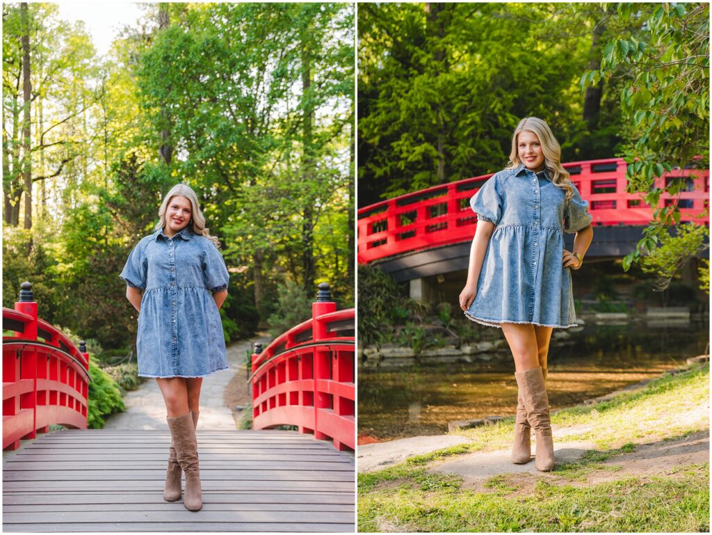 Natural senior portrait at Duke Gardens with the red bridge in the japenese garden