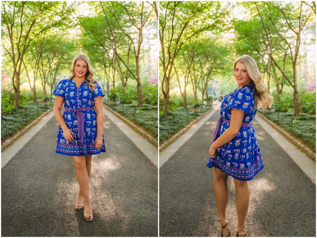 senior portrait at Duke Gardens in the spring among the tree lined paths