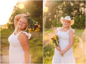High school senior wearing a cowboy hat in the golden sunset during a country senior session.