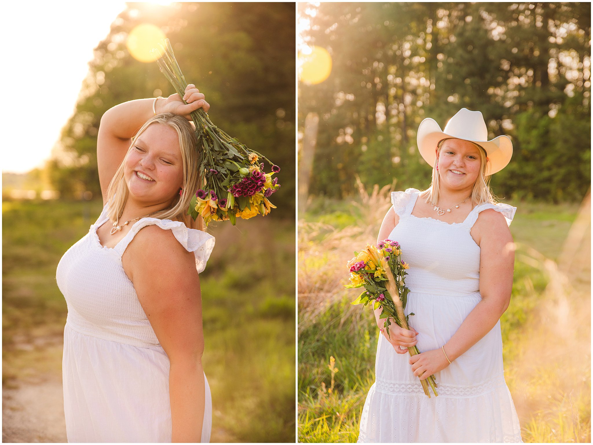 High school senior wearing a cowboy hat in the golden sunset during a country senior session.