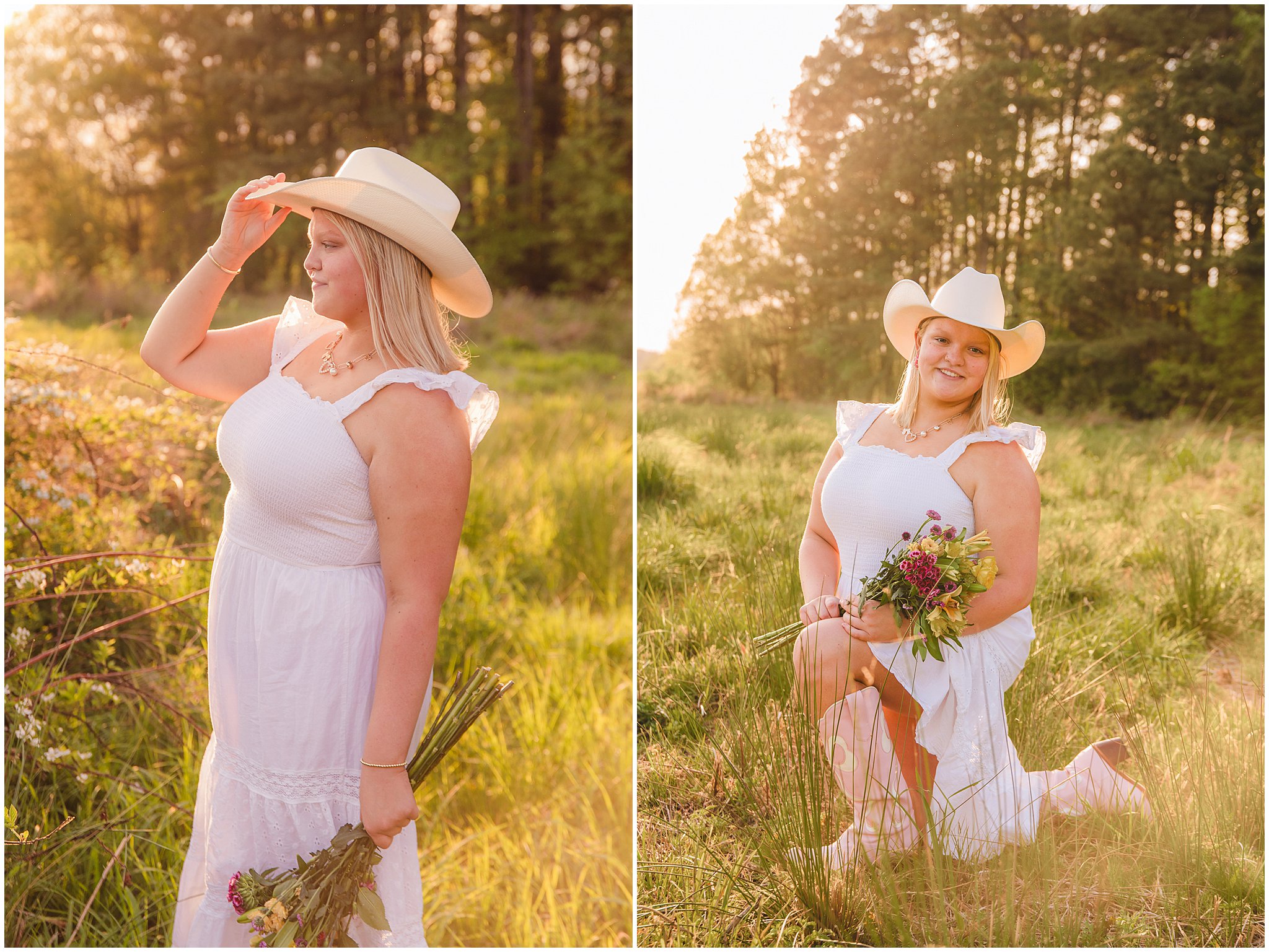 High school senior wearing a cowboy hat in the golden sunset during a country senior session.
