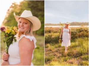 High school senior wearing a cowboy hat in the golden sunset during a country senior session.