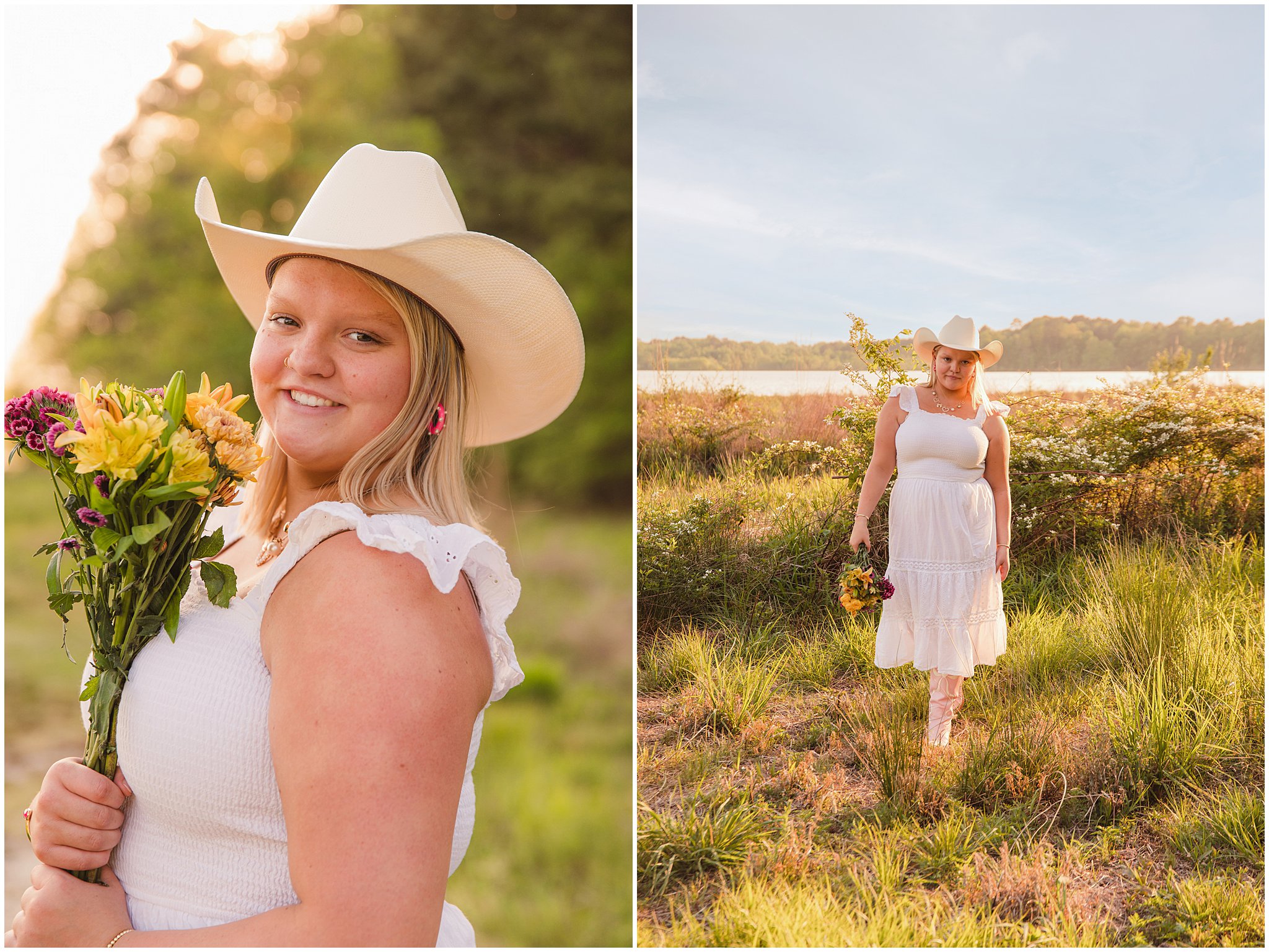 High school senior wearing a cowboy hat in the golden sunset during a country senior session.