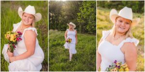 High school senior wearing a cowboy hat in the golden sunset during a country senior session.