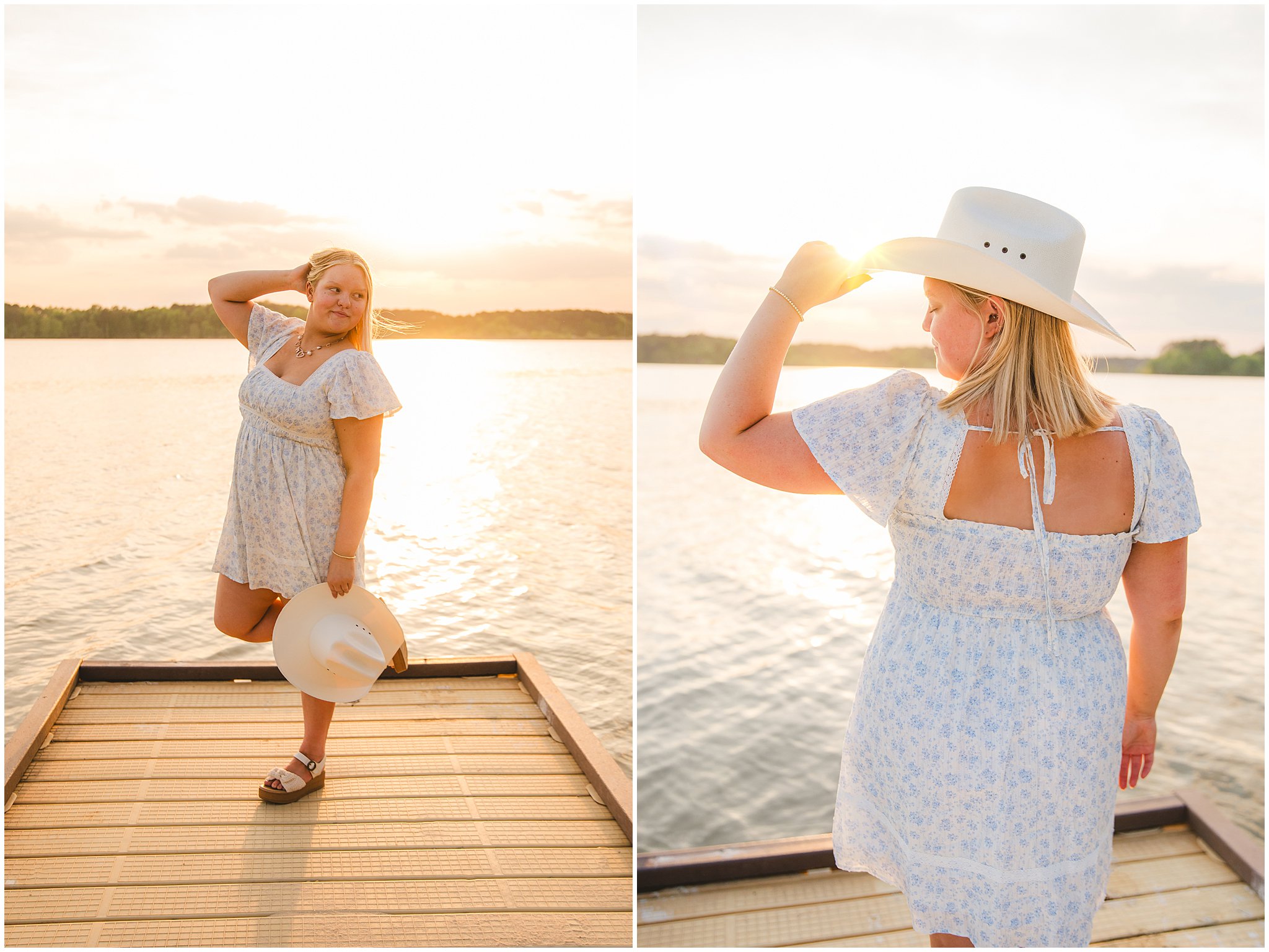 High school senior wearing a cowboy hat in the golden sunset during a country senior session by the lake