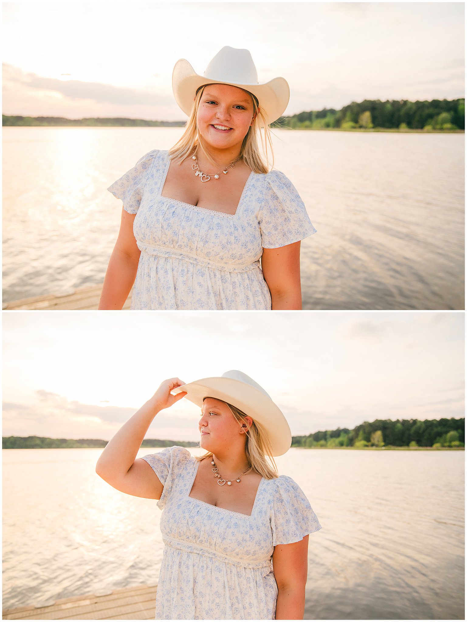 High school senior wearing a cowboy hat in the golden sunset during a country senior session by the lake
