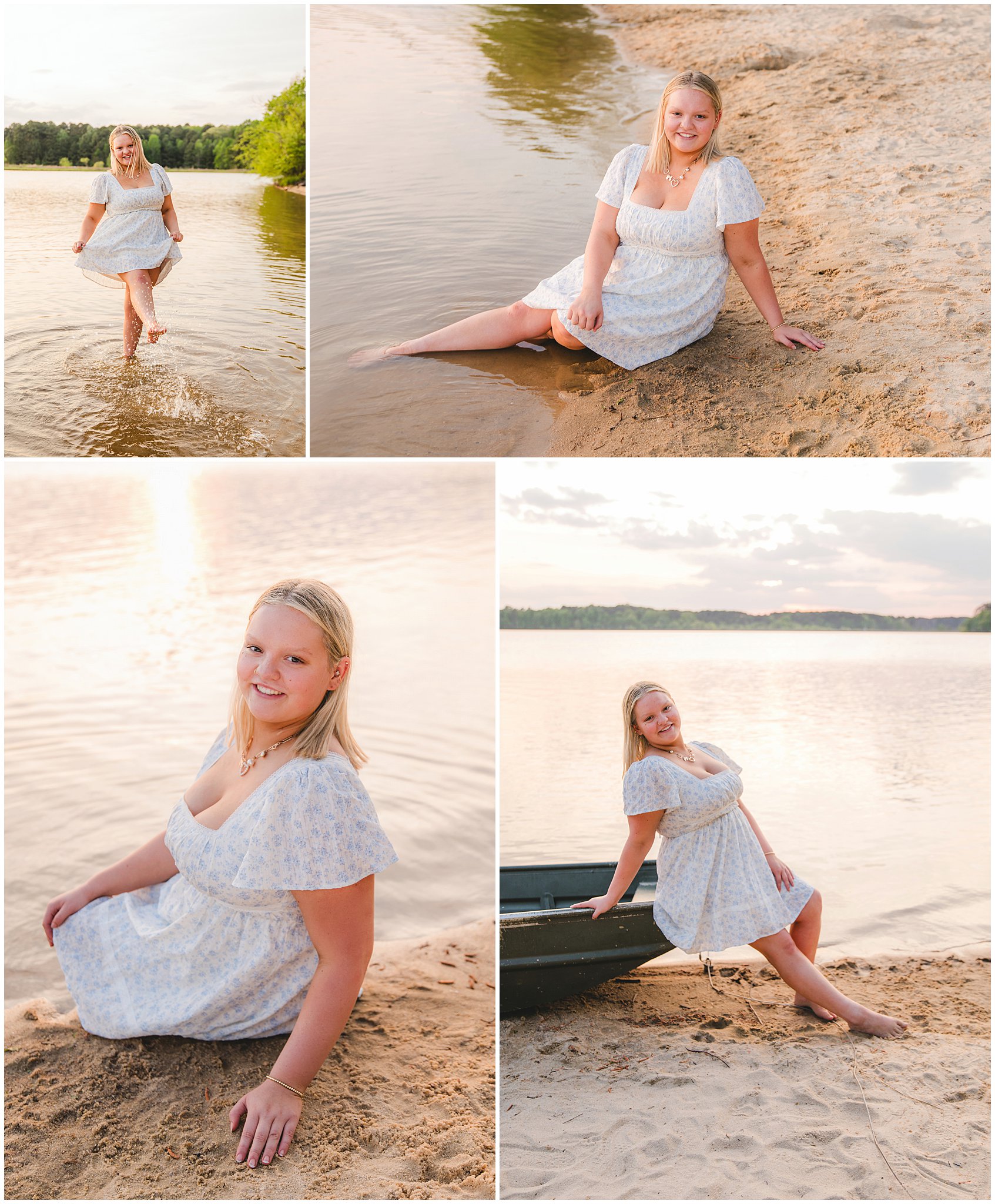 High school senior wearing a cowboy hat in the golden sunset during a country senior session by the lake