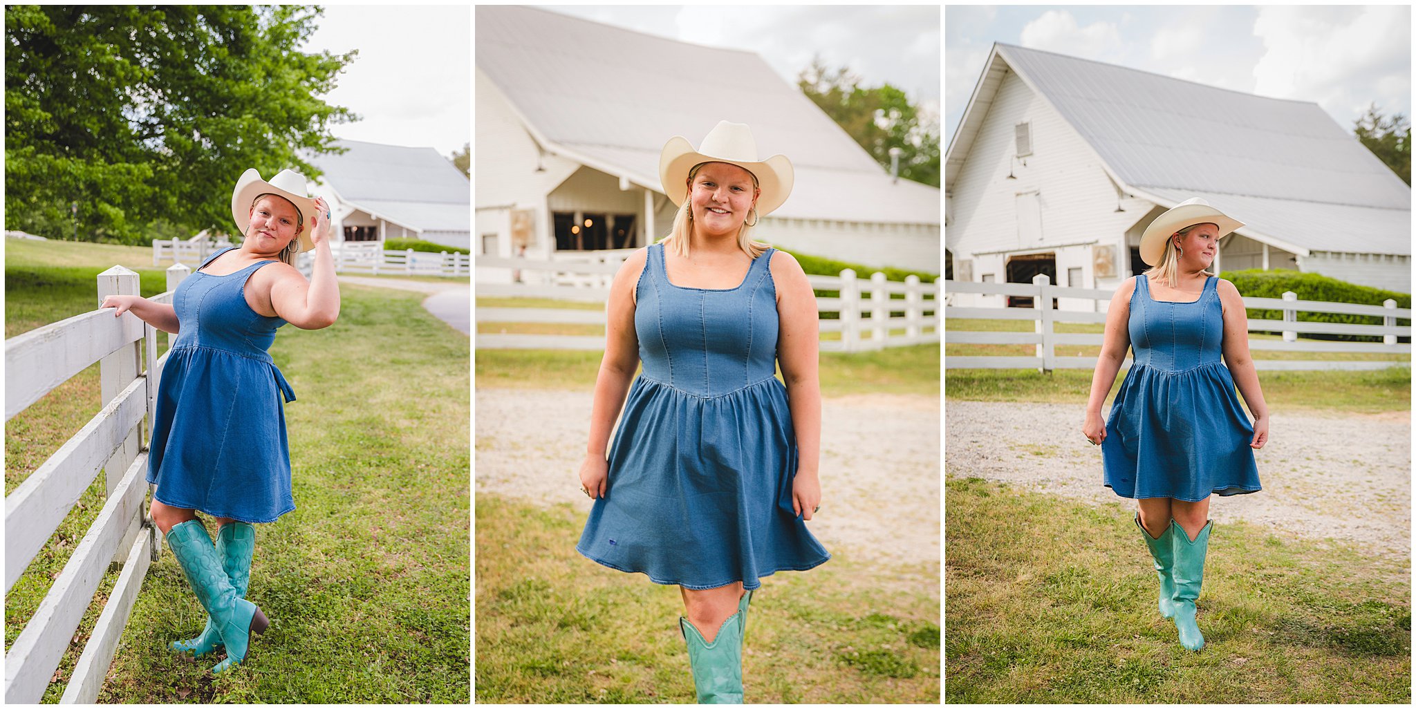 Senior girl posing on the farm wearing turquoise cowboy boots and cowboy hat and denim dress