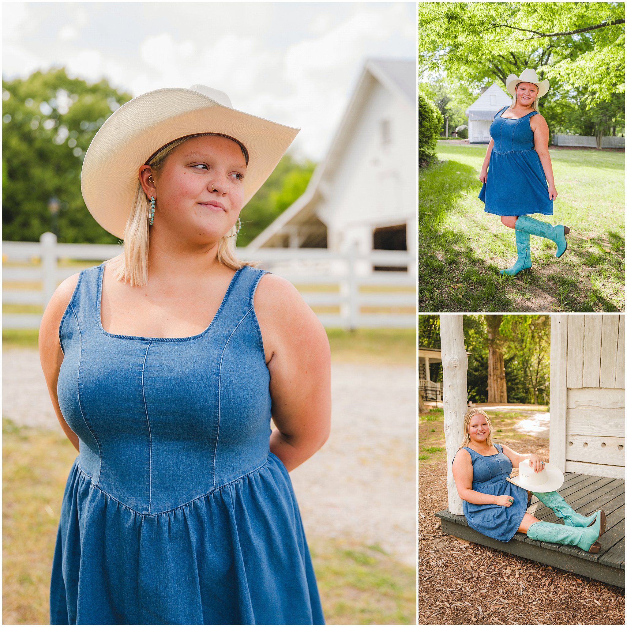 Senior girl posing on the farm wearing turquoise cowboy boots and cowboy hat and denim dress