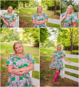 Reagan smiling during her rustic North Carolina senior portraits in her hot pink cowboy boots