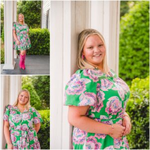 Reagan smiling during her rustic North Carolina senior portraits in her hot pink cowboy boots