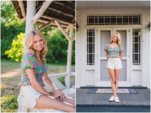 Senior pictures at Oak View Historic Farm with rustic barn backdrop in Raleigh NC