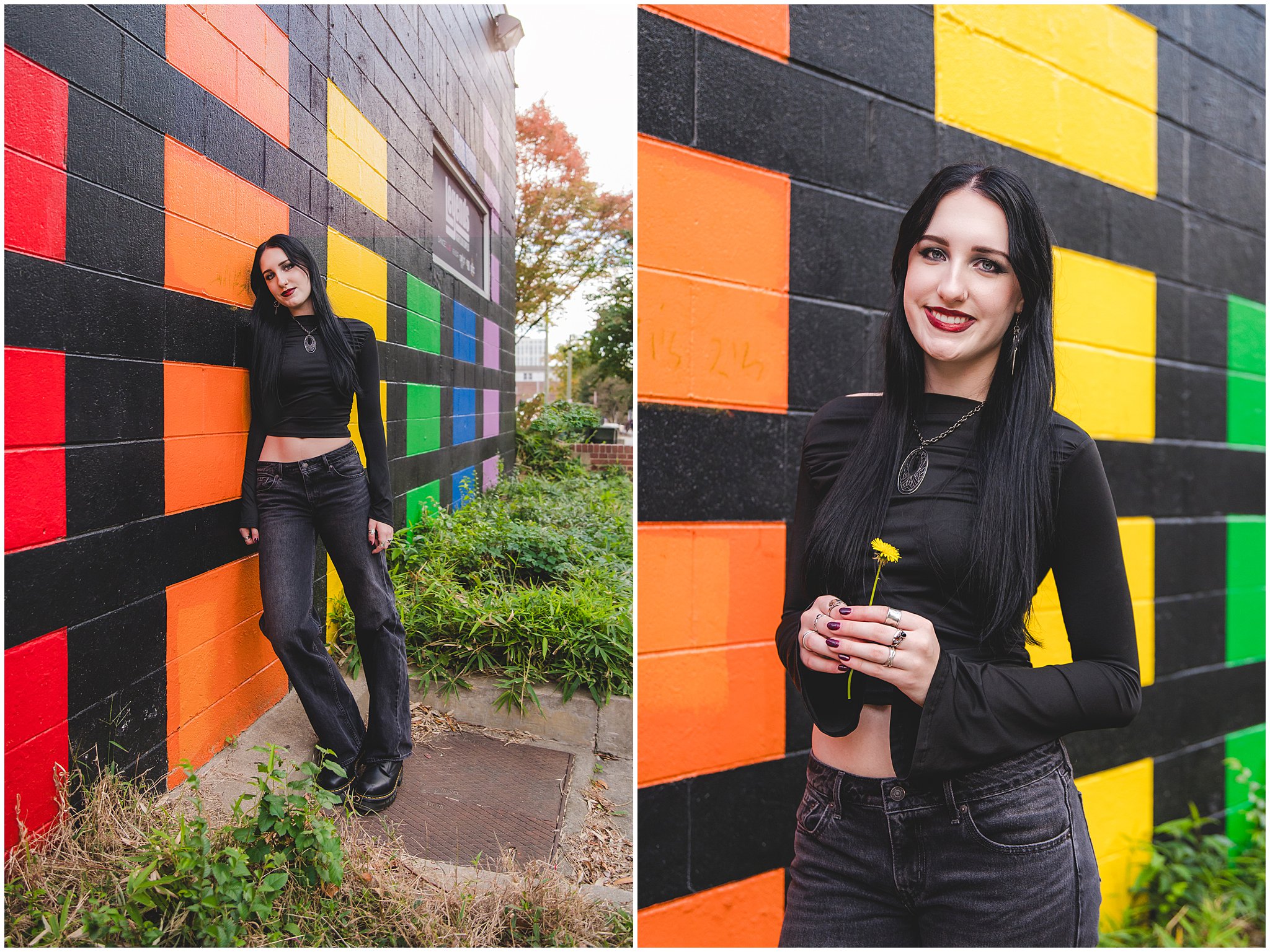Panther Creek High School Class of 2026 senior portrait of Ava in downtown Raleigh with rainbow mural