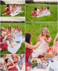 High school senior girls laughing together during a spring Senior Model Team picnic photoshoot.