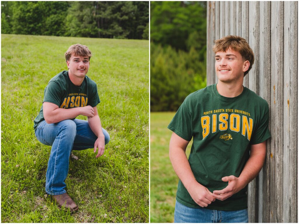 Holly Springs High School senior standing with his college tee shirt during senior portraits