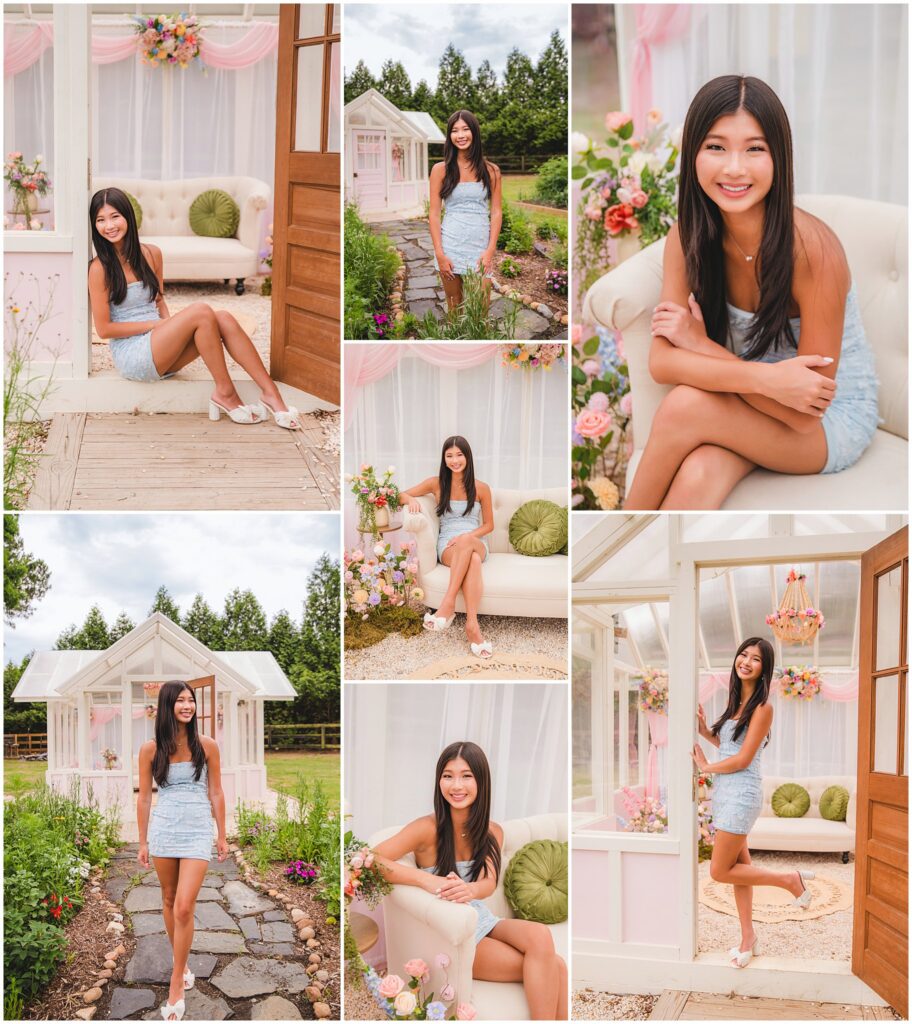 Raleigh Senior Model Team members posing inside the pink greenhouse at Polly's Petal Patch.