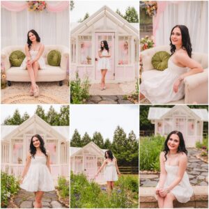 Raleigh Senior Model Team members posing inside the pink greenhouse at Polly's Petal Patch.