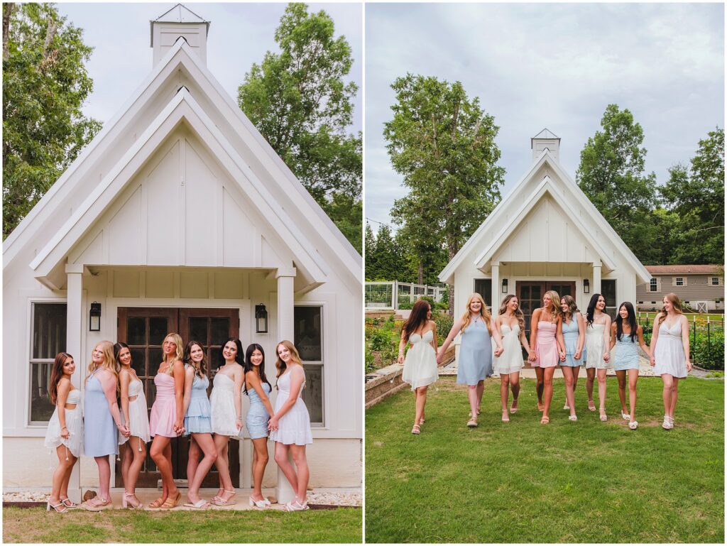The Class of 2027 Raleigh Senior Model Team gathered outside the chapel during their first photo shoot at Polly's Petal Patch.