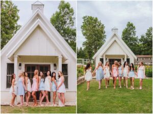 The Class of 2027 Raleigh Senior Model Team gathered outside the chapel during their first photo shoot at Polly's Petal Patch.