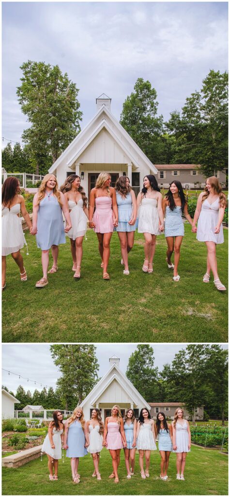The Class of 2027 Raleigh Senior Model Team gathered outside the chapel during their first photo shoot at Polly's Petal Patch.