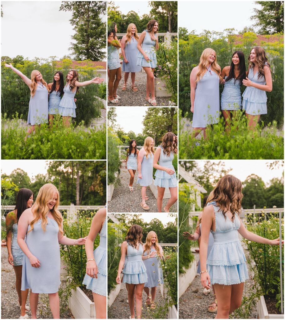 Senior girls walking through the gardens and greenhouse during a Raleigh Senior Model Team session.