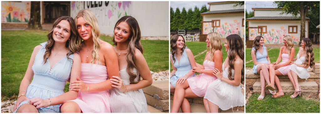 Senior Model Team members relaxing and laughing together outside the flower farm after their portrait session.