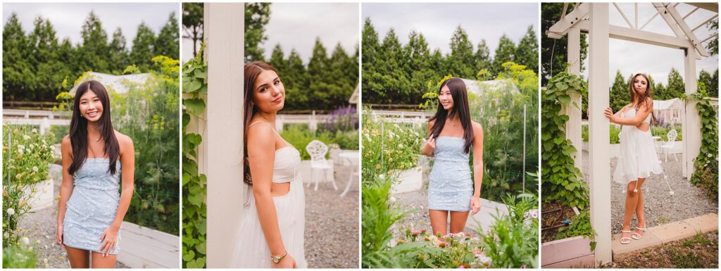 Senior Model Team members relaxing and laughing together outside the flower farm after their portrait session.