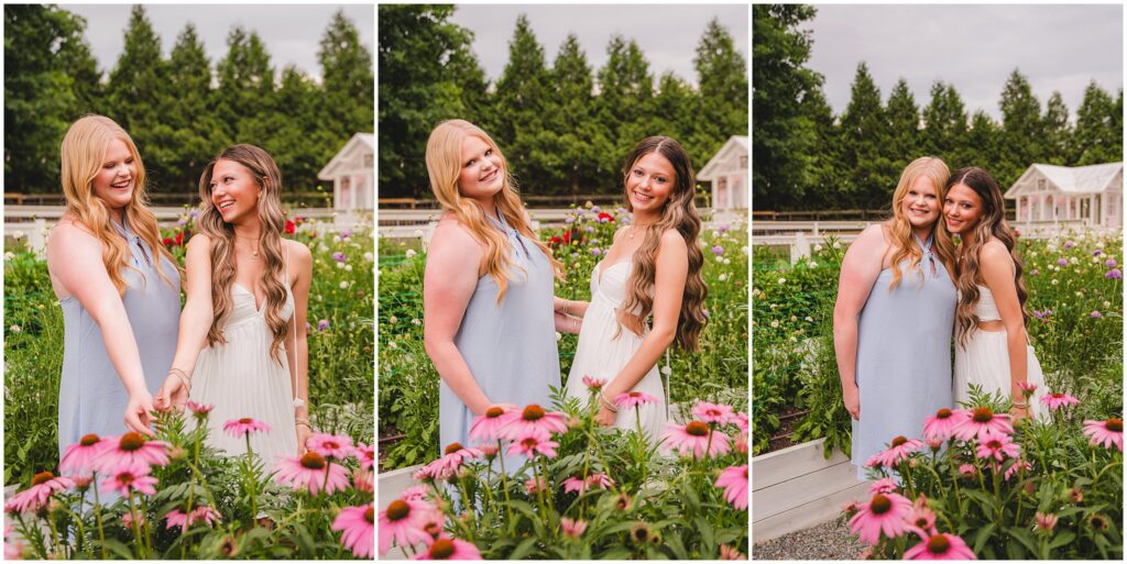 Senior Model Team members relaxing and laughing together outside the flower farm after their portrait session.