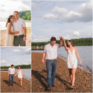 Emilee and Wesley walking together beside the water at Lake Wheeler in Raleigh