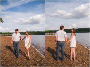 Emilee and Wesley walking together beside the water at Lake Wheeler in Raleigh