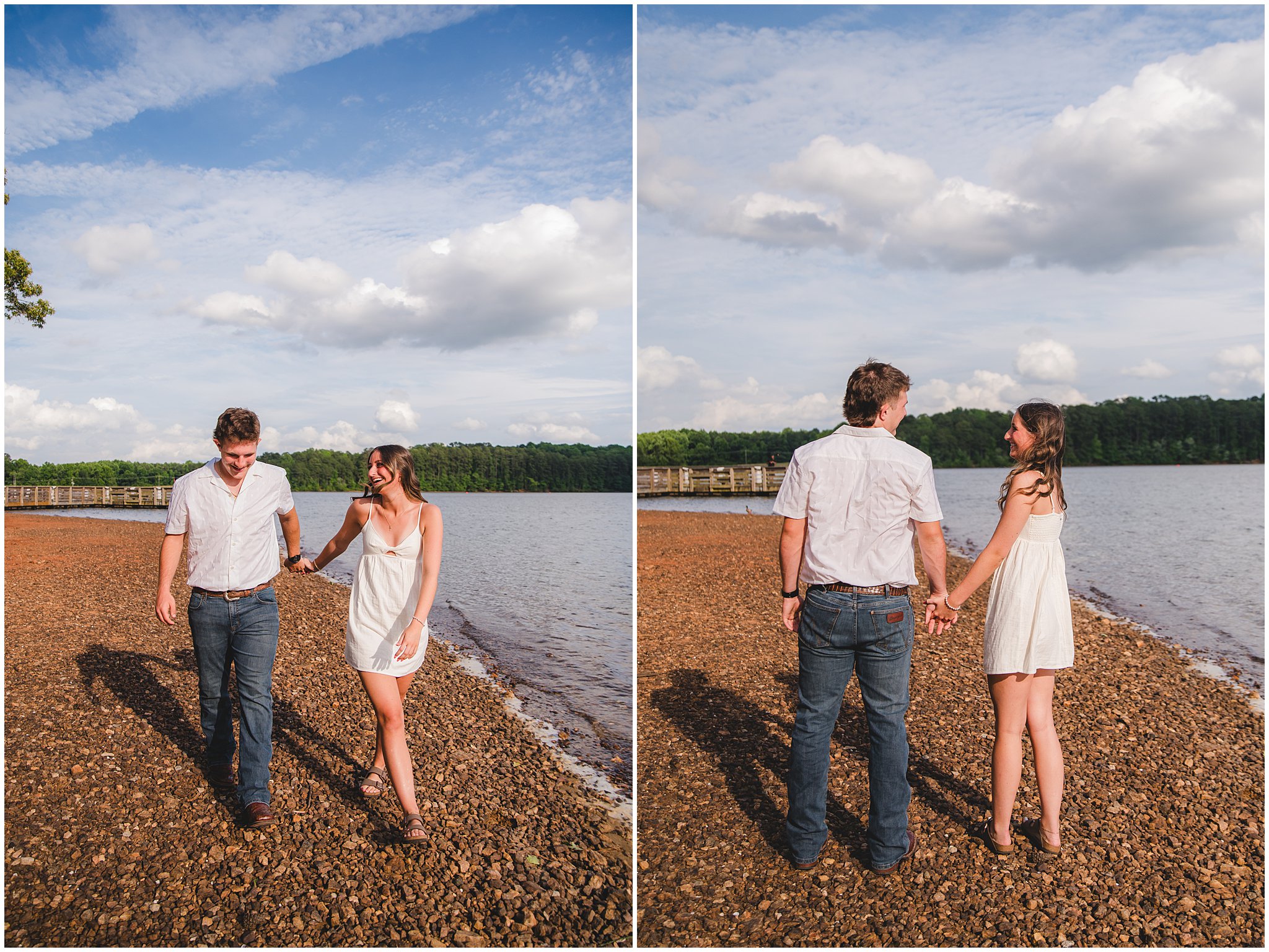 Emilee and Wesley walking together beside the water at Lake Wheeler in Raleigh