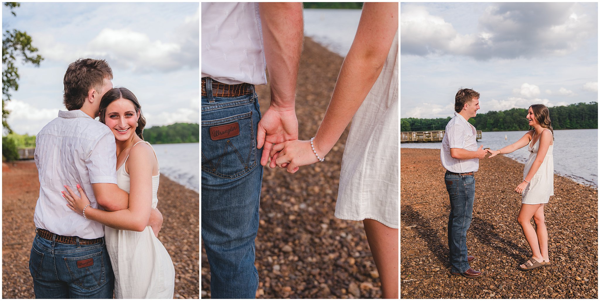 Emilee and Wesley walking together beside the water at Lake Wheeler in Raleigh
