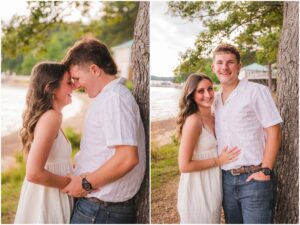 Emilee and Wesley walking together beside the water at Lake Wheeler in Raleigh