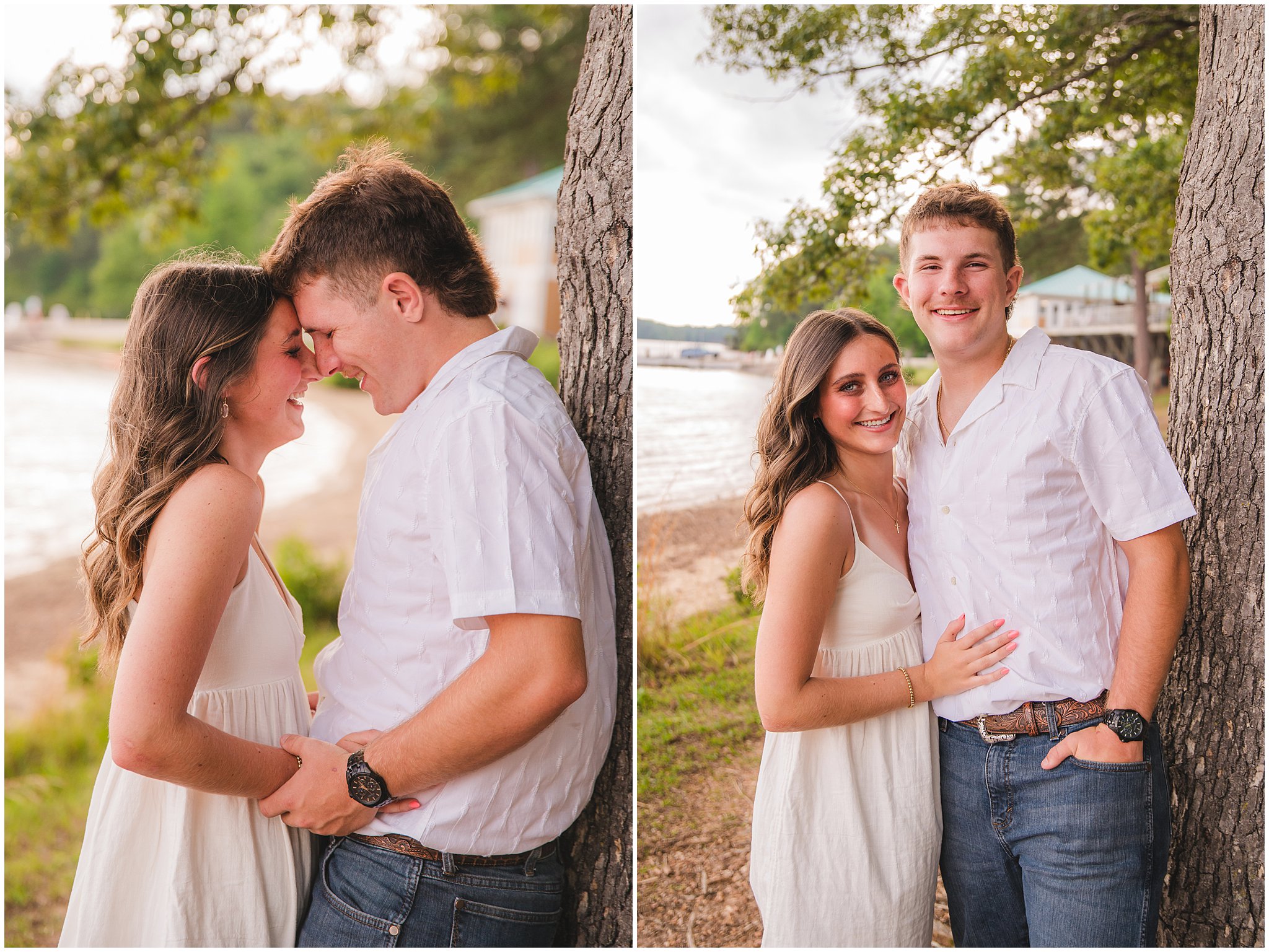 Emilee and Wesley walking together beside the water at Lake Wheeler in Raleigh