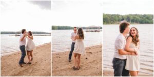 Emilee and Wesley walking together beside the water at Lake Wheeler in Raleigh