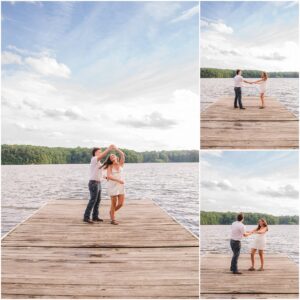 Couple portrait of Emilee and Wesley on the dock at Lake Wheeler