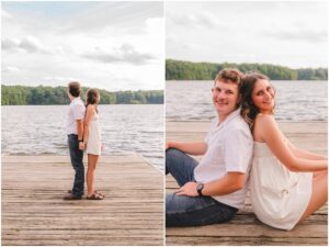 Couple portrait of Emilee and Wesley on the dock at Lake Wheeler