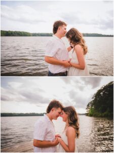 Couple portrait of Emilee and Wesley on the dock at Lake Wheeler