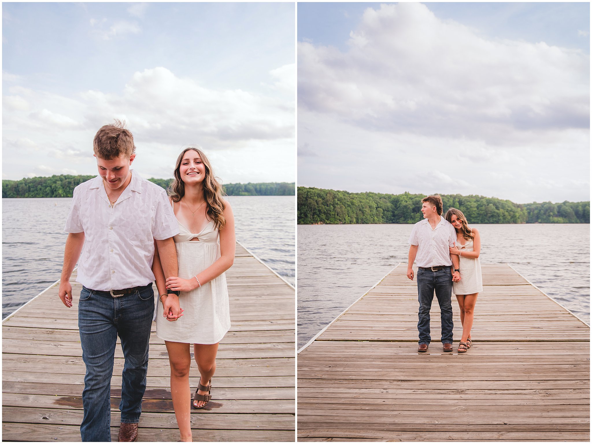 Couple portrait of Emilee and Wesley on the dock at Lake Wheeler