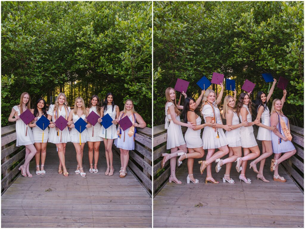 Seven Raleigh seniors wearing white dresses and graduation caps
