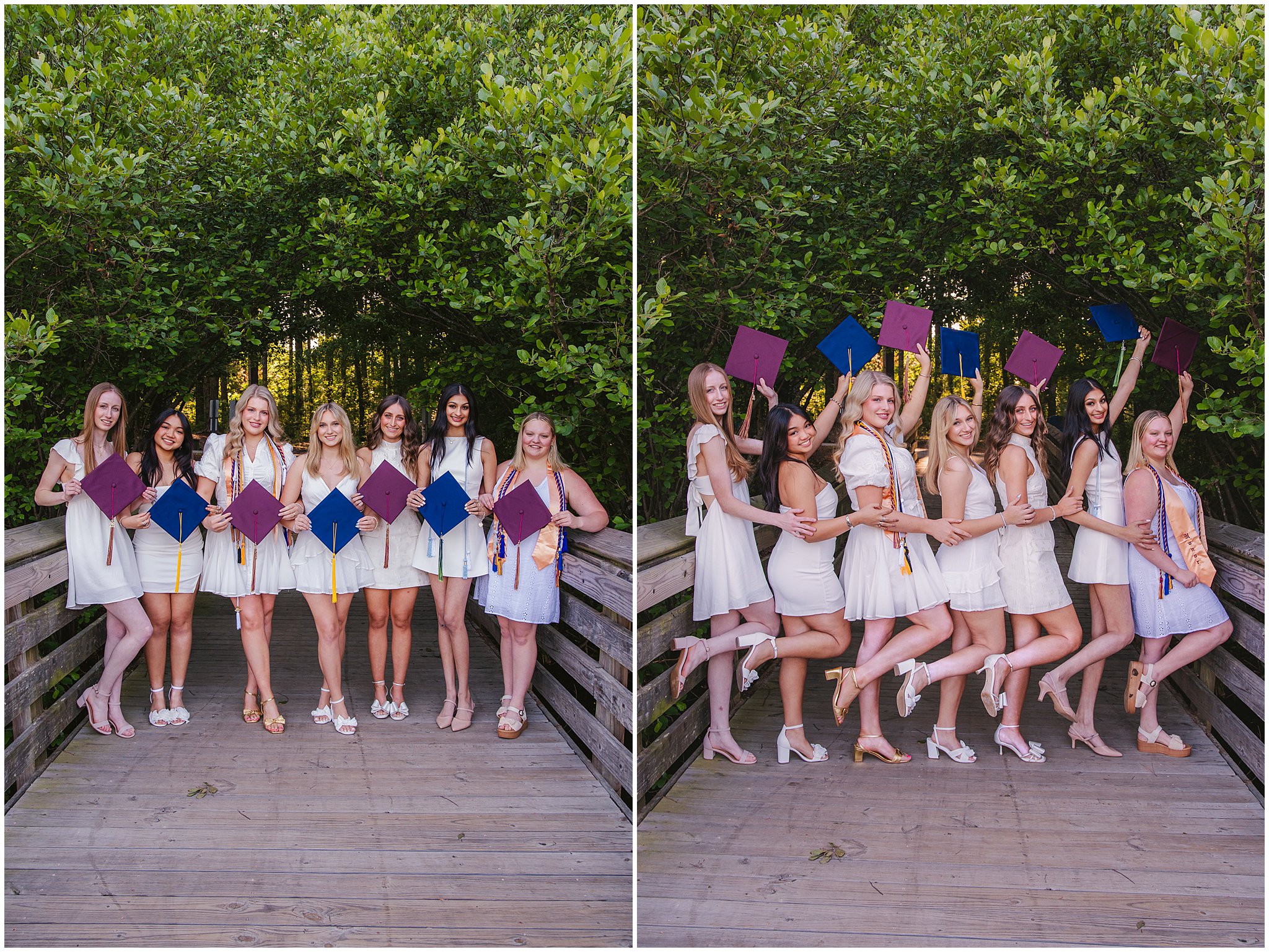 Seven Raleigh seniors wearing white dresses and graduation caps