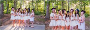 Seven Raleigh seniors wearing white dresses and graduation caps