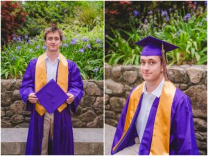 Senior guy in cap and gown at Duke Gardens