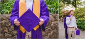 Senior guy in cap and gown at Duke Gardens
