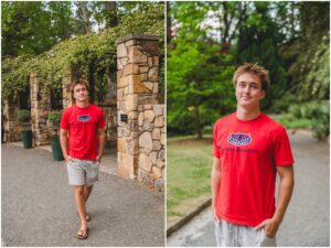 Senior guy in college tee at Duke Gardens