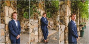 Holly Springs High School senior wearing a navy suit at Duke Gardens