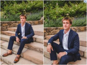 Holly Springs High School senior wearing a navy suit at Duke Gardens