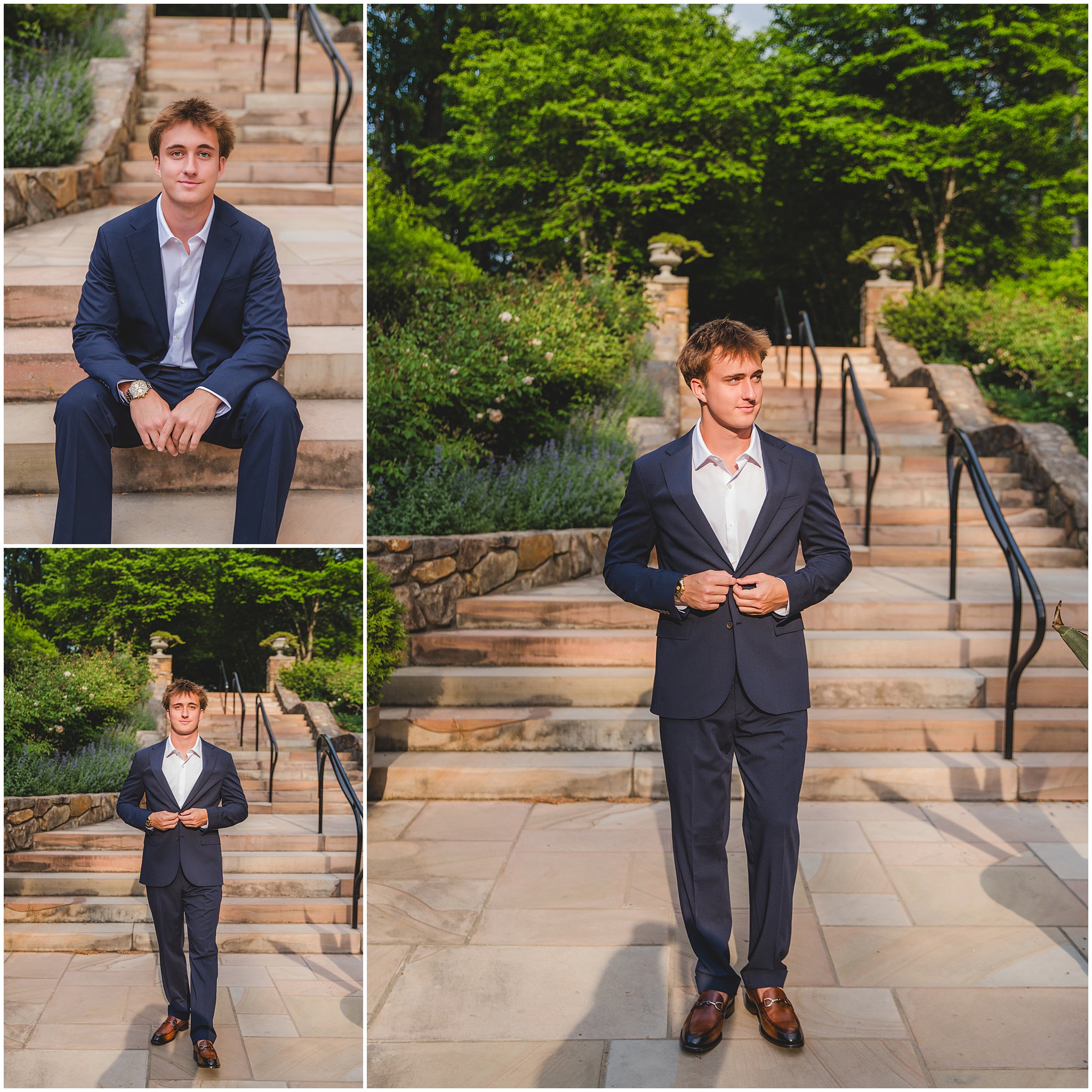 Holly Springs High School senior wearing a navy suit at Duke Gardens