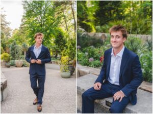 Holly Springs High School senior wearing a navy suit at Duke Gardens